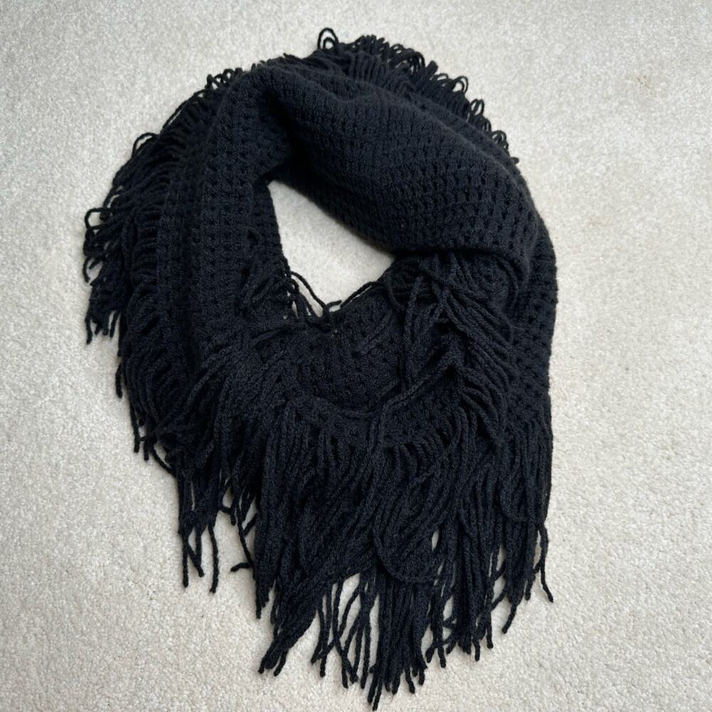 Black Infinity Scarf with Fringe Detail